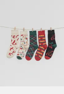 Christmas cotton mid-tube socks with cute Santa and plaid holiday prints for winter daily wear.
