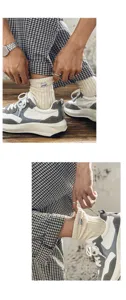 Detailed view of vintage ribbed cotton socks styled with casual sneakers and plaid pants.
