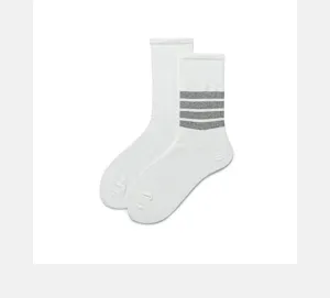 White mid-calf cotton socks featuring minimalist four grey stripes design daily wear.