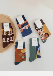 Artistic famous painting print mid-tube socks trendy funny couple cotton socks flat lay