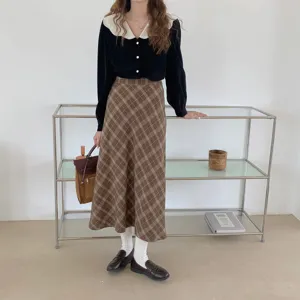 Women vintage college style outfit set long sleeve top and plaid midi skirt with socks