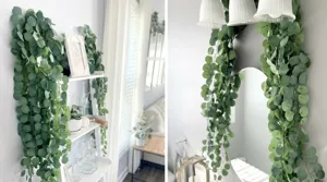 Kunstmatige eucalyptus slingers detail, groene bladrank voor wand en feestdecor.