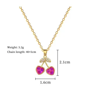 Titanium steel colorful stone cherry necklace detail view, elegant heart pendant fashion jewelry.