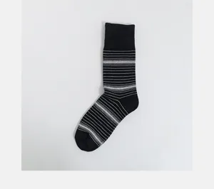 Black and white striped cotton mid-tube socks, soft and breathable fabric, casual wear.