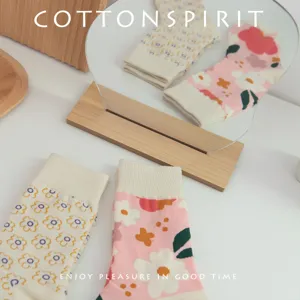 Japanese floral mid-calf socks for women, cute cotton knit hosiery, sweet spring autumn style.