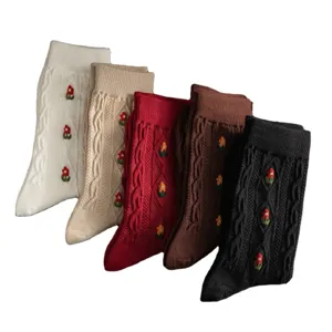 Korean vintage cable knit floral mid-tube cotton socks, cute floral winter warm women socks set 5 pairs
