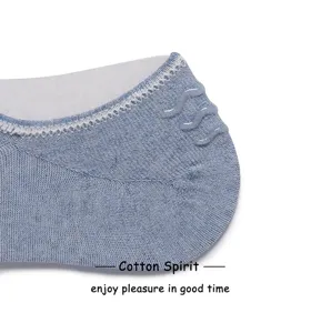 Cotton invisible boat socks detail, light blue shallow cut short socks with anti-slip heel.