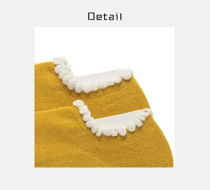 Japanese cute yellow short socks with white bubble ruffled edge, soft cotton ankle socks for women.