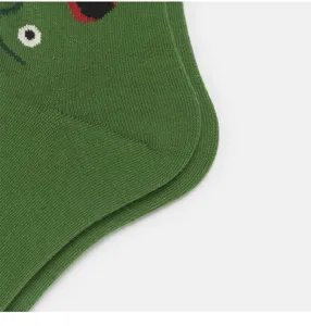 Green cotton mid tube socks with cute cartoon face graphic for daily streetwear fashion wear.