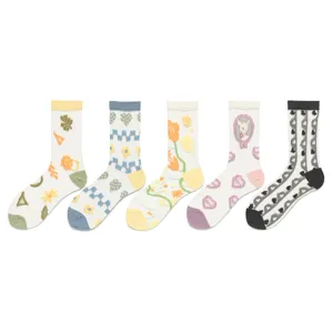 Sheer glass silk mid-calf socks for women, with floral, heart and stripe patterns for summer.