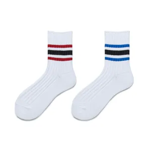 Cityboy Japanese style mid-tube socks with classic three stripes, white cotton fashion socks.
