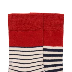 Chaussettes rayées en coton pour couples, design bicolore rouge et bleu marine, très confortables.