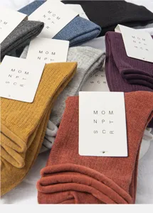 Cotton knit mid-tube socks women's cute rolled cuff solid color casual hosiery detail