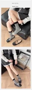 Japanese cute plaid mid-calf socks for women, summer thin cotton long socks with black lace trim.