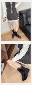 Japanese style plaid mid-tube socks for women, cute black lace cotton cute casual hosiery.