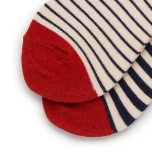 Gros plan détaillé de chaussettes en coton rayé classique avec bout rouge contrasté.