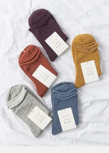 Women's Korean style cute rolled cuff mid-calf socks multi-color casual cotton set.