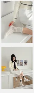 White hollow lace mid-calf socks for women, breathable cotton cute ballet core stacking socks.