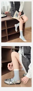 Grey blue plaid women mid tube socks, cotton cute slouch socks for spring summer daily wear.