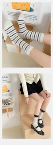 Retro pastoral style breathable mesh slouchy socks with striped and polka dot patterns, detail view.