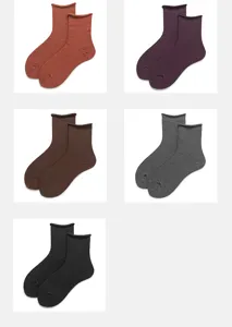Japanese style rolled cuff mid-calf socks for women, soft cotton solid color hosiery.