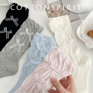 Women's Cute Ballet Style Bow Lace Mid-Calf Socks Sweet Cotton Slouch Socks Spring Summer Thin Casual Hosiery