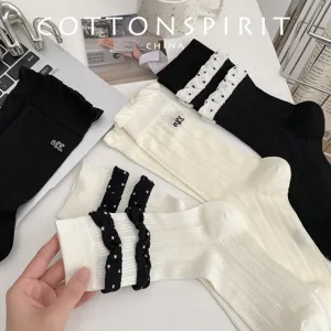 Women Cotton Lace Trim Dot Mid Calf Socks Sweet Ballet Core Cute Ruffle Hosiery Fashion Casual Daily Wear Stockings