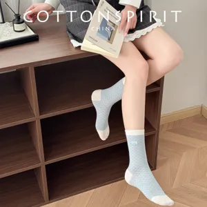 Blue checkered crew socks for women, spring and summer thin cotton breathable everyday.