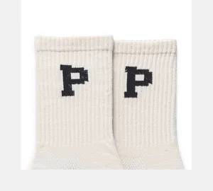 Cotton mesh mid-calf socks with cool black letter P design for trendy couples daily wear.
