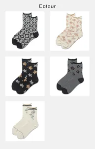 Detail view of retro floral, damask and stripe women socks styles, vintage student sock collection.