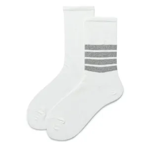 White mid-calf socks with four grey stripes, classic minimalist sporty cotton socks.