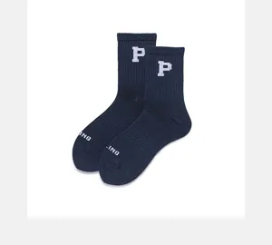 Navy blue cotton mid-tube socks with white letter P and ING prints, breathable and stylish.