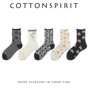 Women retro floral mid tube socks cute autumn cotton casual fashion student streetwear