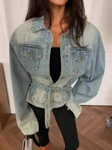 Women's Casual Vintage Wash Denim Jacket Oversized Lapel Long Sleeve Button Down Outwear With Belt Blue