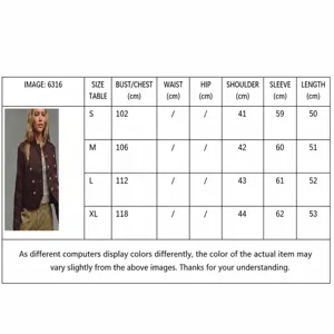Size chart and measurement details for women's autumn long sleeve fashion jacket 6316.