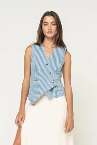 Women blue white striped sleeveless vest top casual fashion chic stylish apparel daily wear.