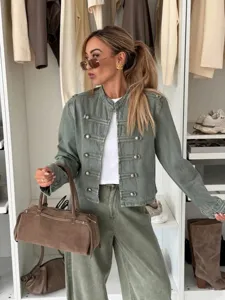 Dames Casual Katoenmix Denim Jas Herfst Winter Lange Mouw Opstaande Kraag Metalen Knopen Losse Bovenkleding