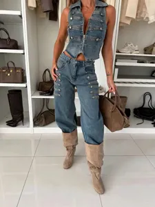 Stylish women denim vest and pants set fashion metal buttons sleeveless two piece outfit