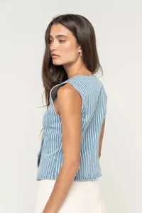 Women blue and white striped sleeveless vest top detail view, casual summer fashion apparel.