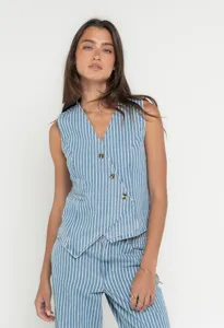 Detailed close-up view of the chic blue white striped vest with asymmetric button closure design.