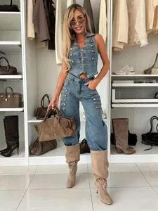 Women Casual Denim Vest And Trousers Set Sleeveless Metal Button Streetwear Suit