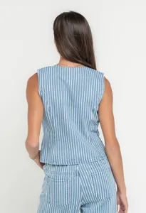 Back view of blue white striped sleeveless vest and matching trousers set, back detail.