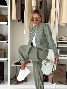 Dames casual militaire stijl jas en broek bijpassende set voor stijlvolle herfst mode