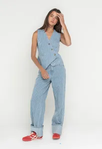 Blue white striped vest trousers set detail showcasing stylish casual streetwear outfit fashion.