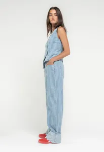 Side view detail of the blue and white striped vest and trousers set, casual street style.