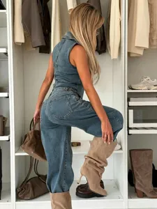 Stylish denim vest and jeans outfit set detail view, featuring casual denim clothing style.