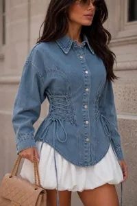 Close-up detail of women's long sleeve denim shirt featuring stylish lace-up corset waist.