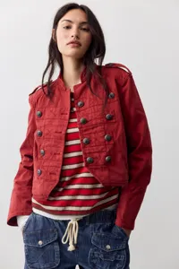 Women casual cropped military jacket autumn fashion long sleeve red outerwear detail view.