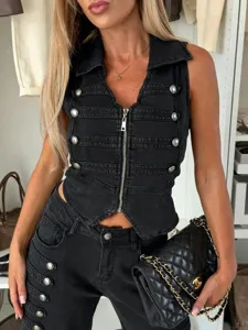 Women stylish black denim sleeveless vest and pants set with metal buttons outfit.