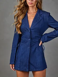 Stylish dark blue denim blazer for women with waist cinching lace-up design, perfect for spring.